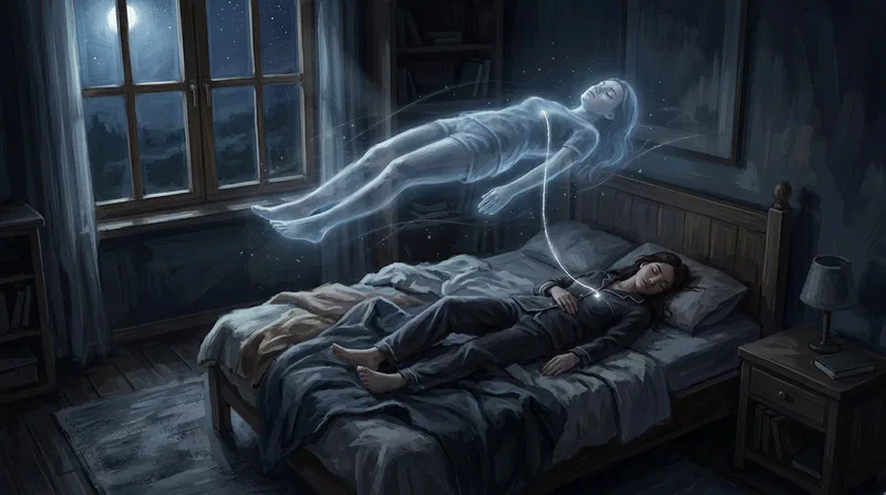 A luminous translucent double hovering above a sleeping person in a moonlit bedroom, connected by a thin glowing silver cord.