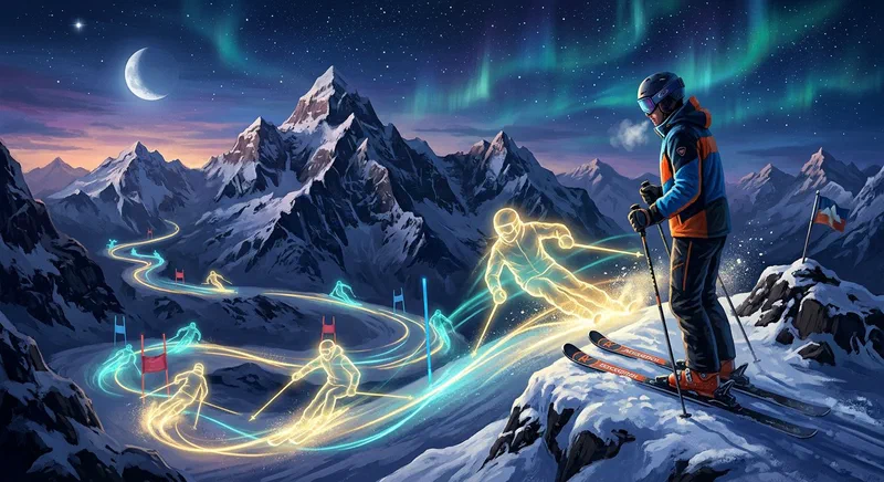 A downhill skier standing atop a snowy Alpine summit in a lucid dream, visualizing future slalom trajectories and glowing holographic versions of their upcoming turns.