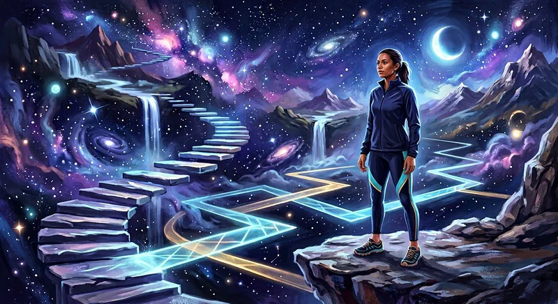 An athlete standing composed and focused at the edge of a vast, shifting nocturnal dreamscape, embodying mental resilience and situation-centered flow.