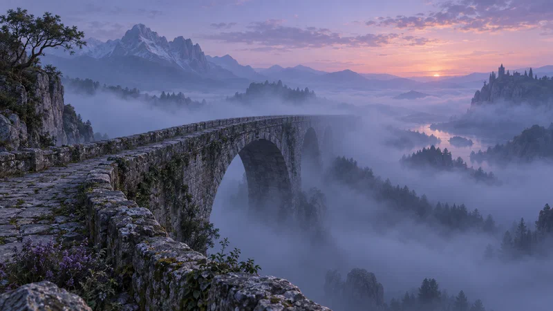 A misty landscape featuring a bridge leading into the unknown, symbolizing the transitional nature of the bardo.