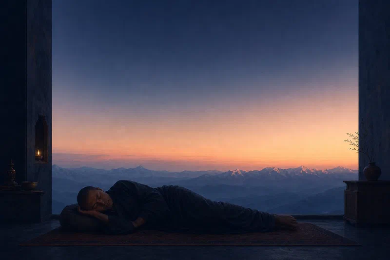 A person resting calmly in a dark bedroom, breath slow, attending to a single point of calm imagery