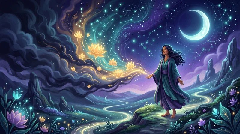 Une rêveuse lucide debout avec calme tandis qu'une brume onirique sombre se transforme en lumière dorée de lotus sous un ciel étoilé.