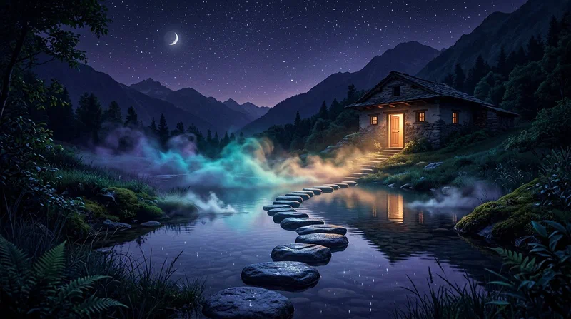 Un chemin de pierres sous la lune traversant un ruisseau réfléchissant vers une porte chaude tandis que la brume se dissout en lumière.