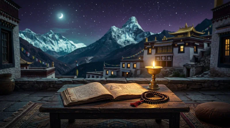 Un manuscrit tibétain ouvert, un mala et une lampe à beurre sur une table basse devant un monastère himalayen la nuit.