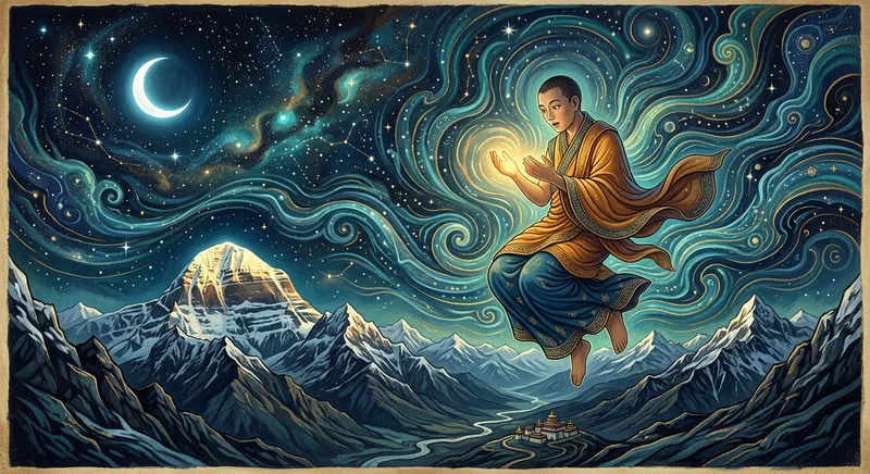 Un soñador con túnicas flota sobre cumbres del Himalaya de noche, mirando sus manos luminosas: el momento de volverse lúcido en el yoga de los sueños.