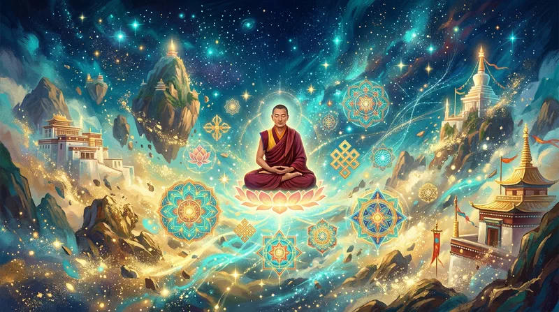 A robed Tibetan meditator seated in mid-air inside a vast luminous dreamscape dissolving into golden light and mandala patterns.