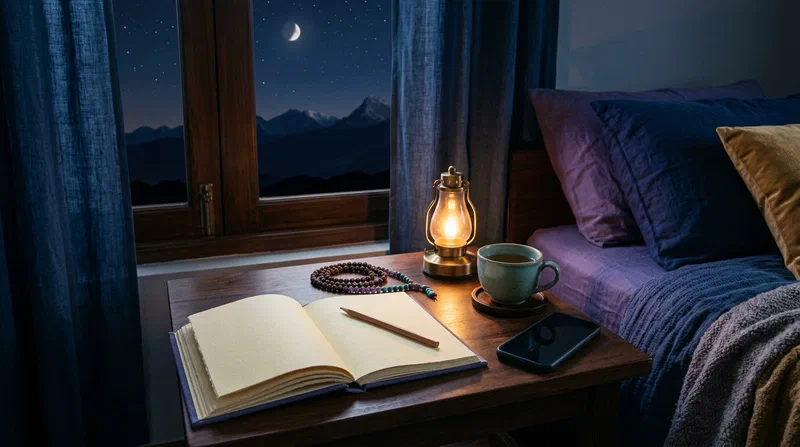 Un journal de rêves sur la table de nuit, un mala, du thé et une lampe près d'un lit sous un ciel de montagne étoilé.
