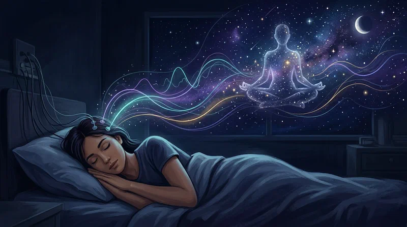 Une personne endormie reliée à de douces lignes de monitorage du sommeil tandis qu'une silhouette méditative étoilée se forme au-dessus du lit.
