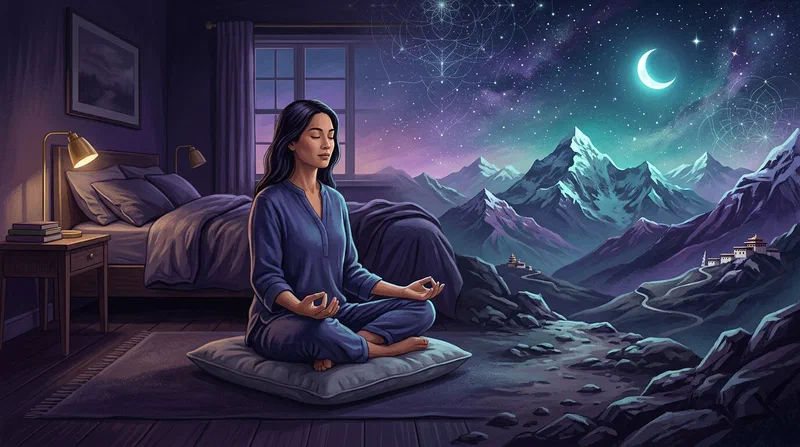 Une personne méditant à la frontière entre une chambre tranquille et un paysage onirique himalayen sous la lune.