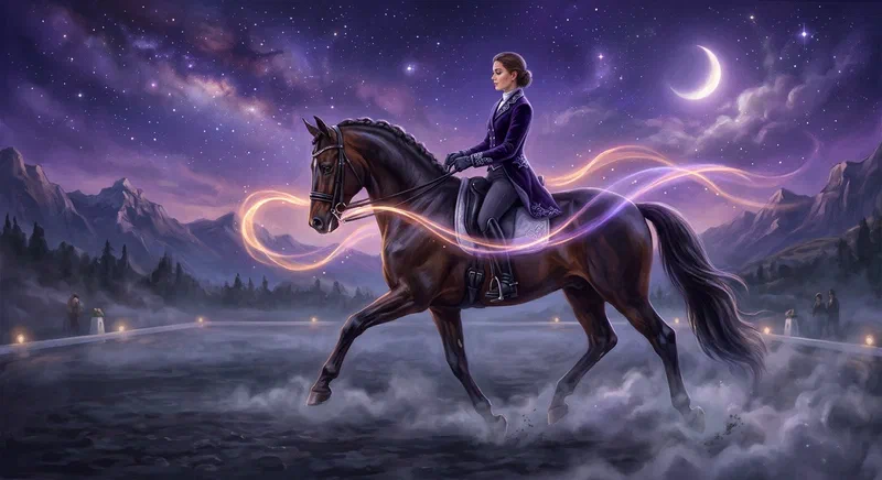 An equestrian rider and dressage horse moving in unified, weightless flow across a twilight arena with glowing ribbons of mutual attunement.