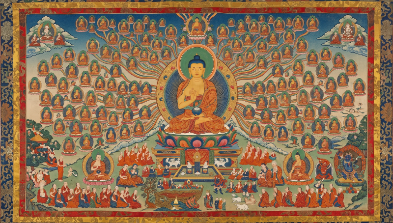 A traditional Tibetan thangka depicting Shakyamuni Buddha performing miracles