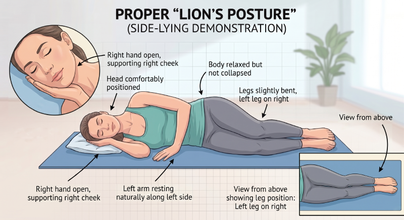 Demonstration of the lion's posture sleeping position for Tibetan dream yoga practice
