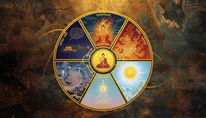 Ilustración tradicional tibetana de los seis yogas de Naropa dispuestos como una rueda de práctica.