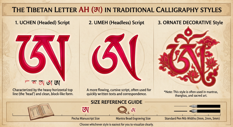 The Tibetan AH syllable in three traditional calligraphic styles for dream yoga throat chakra visualization
