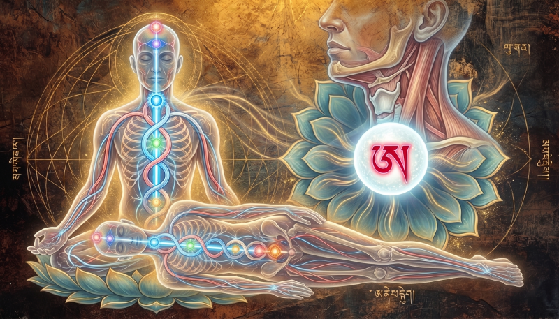 Anatomical diagram of Tibetan subtle body showing energy channels and throat chakra with the red AH syllable and white bindu visualization