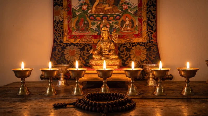 A home altar prepared for a monthly practice day — the rhythm of sacred time woven into daily life.