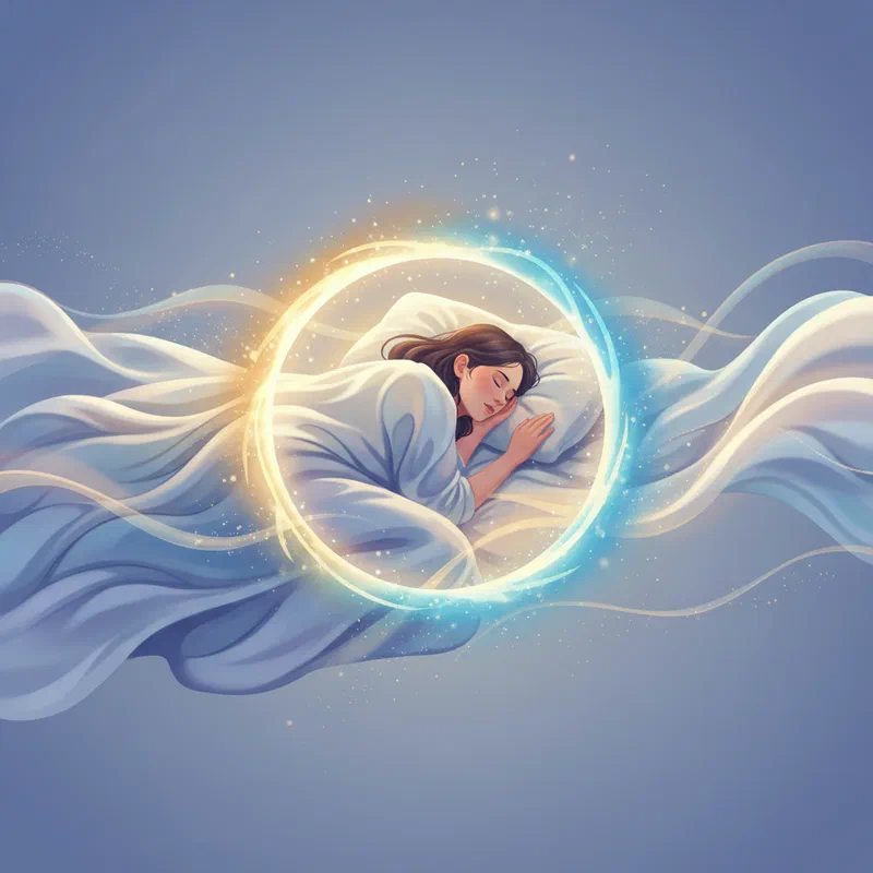 An illustration of a serene person sleeping, surrounded by ethereal light, representing the exploration of consciousness through lucid dreaming.