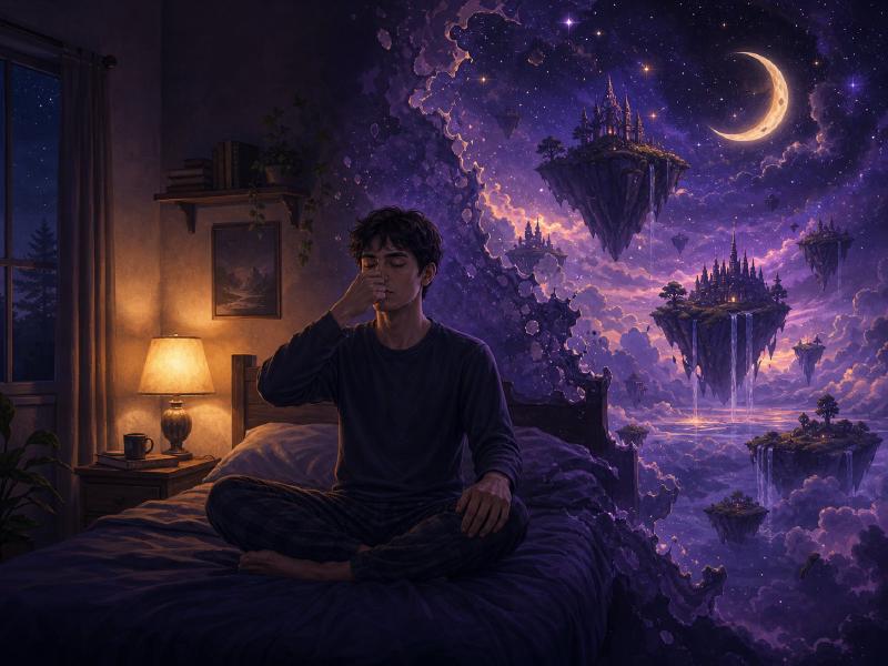 Illustration of a person performing the nose-pinch reality check in a bedroom that splits between waking reality and a surreal dream world.