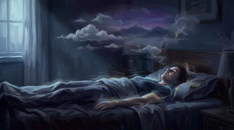 A person lying awake in bed at the threshold of sleep, body edged with shimmering vibrational ripples as translucent dream imagery forms in the air.
