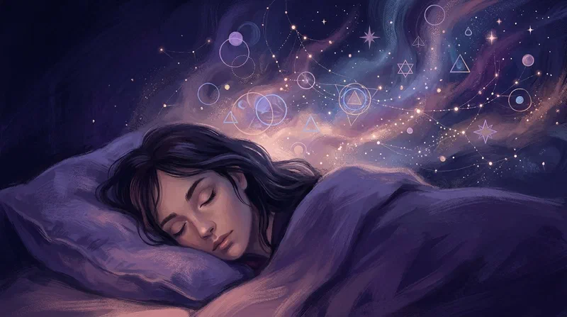 Painterly illustration of a sleeping dreamer at the threshold of a dream, with soft geometric patterns and points of light blooming above the pillow like hypnagogic imagery