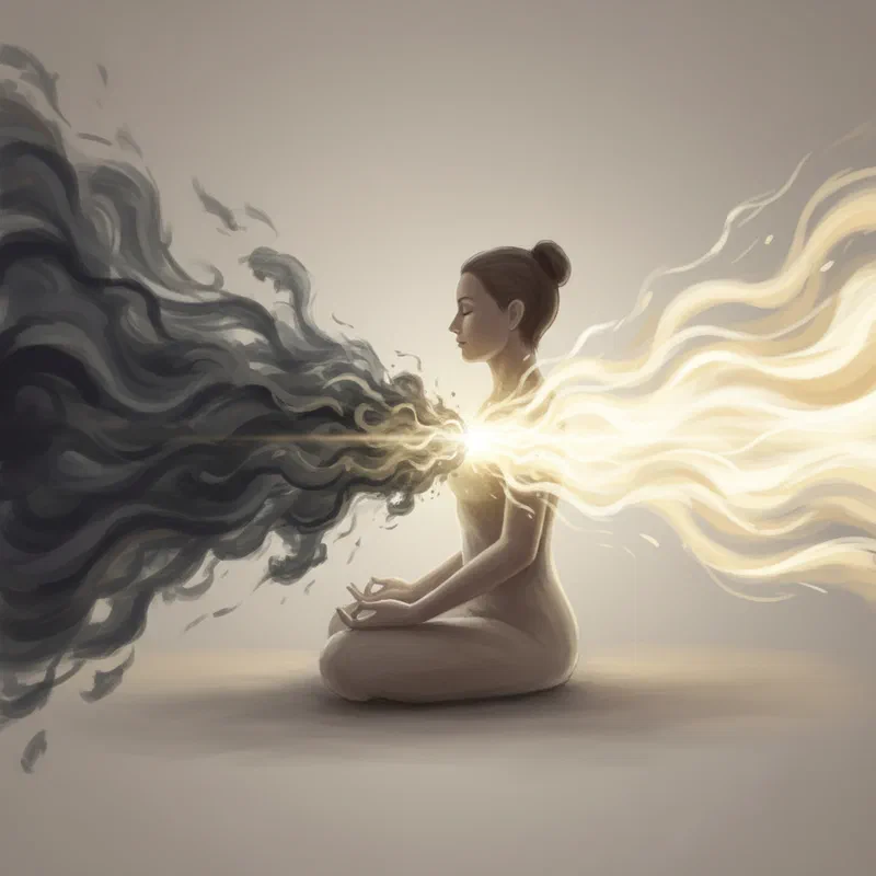 Artistic representation of tonglen practice showing the exchange of dark smoke (suffering) and light (compassion)