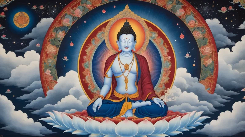 Traditional Tibetan thangka depicting a yogi in meditation posture surrounded by dream imagery and celestial beings