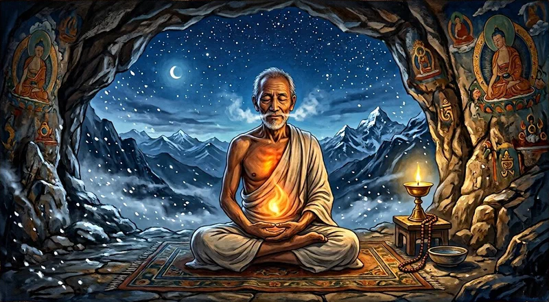 Painterly illustration of a Tibetan yogi meditating cross-legged on the rock floor of a shallow Himalayan cave in a single thin cotton robe, warm amber light glowing from his navel while snow drifts through the cave mouth onto blue twilight peaks beyond.