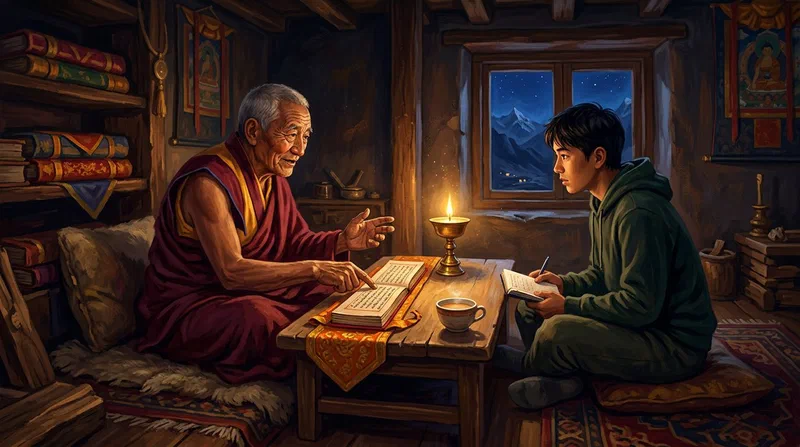 Illustration of an elderly Tibetan lama in maroon robes leaning forward over a low table to explain a manuscript page to a younger student in ordinary modern clothing, a butter lamp and a wrapped Tibetan book between them, night mountains beyond a small window.