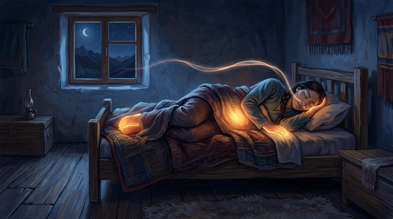 Illustration of a person lying in the sleeping lion posture in a dark room at the edge of sleep, a warm amber glow low in the belly breathing outward along the body while the hands and feet glow softly and blue moonlight cools the walls.