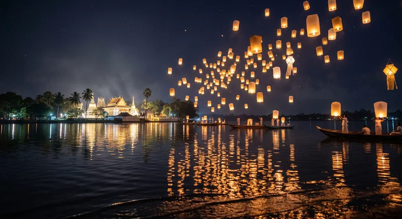 Wesak lanterns released at dusk — one of the most iconic images of the festival celebrated across the Theravāda world.