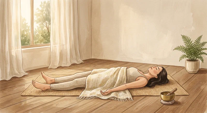 Una mujer descansa en savasana sobre una esterilla de yoga en una habitación tranquila y soleada, practicando yoga nidra: relajación profunda estando despierta.