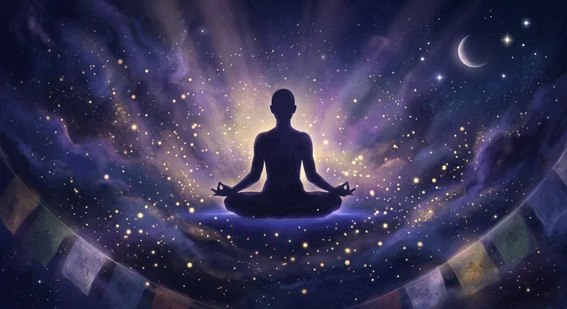 A meditator silhouette floating in a cosmic, starlit dreamscape