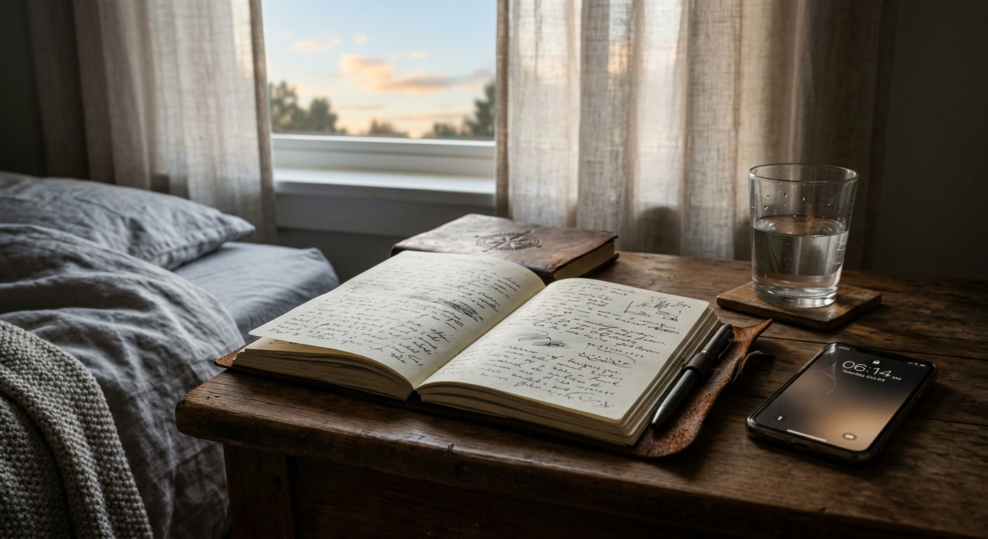 A dream journal on a nightstand in early morning light.