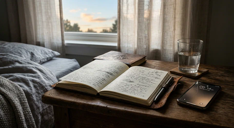 Un journal de rêves sur une table de nuit dans la lumière du petit matin.