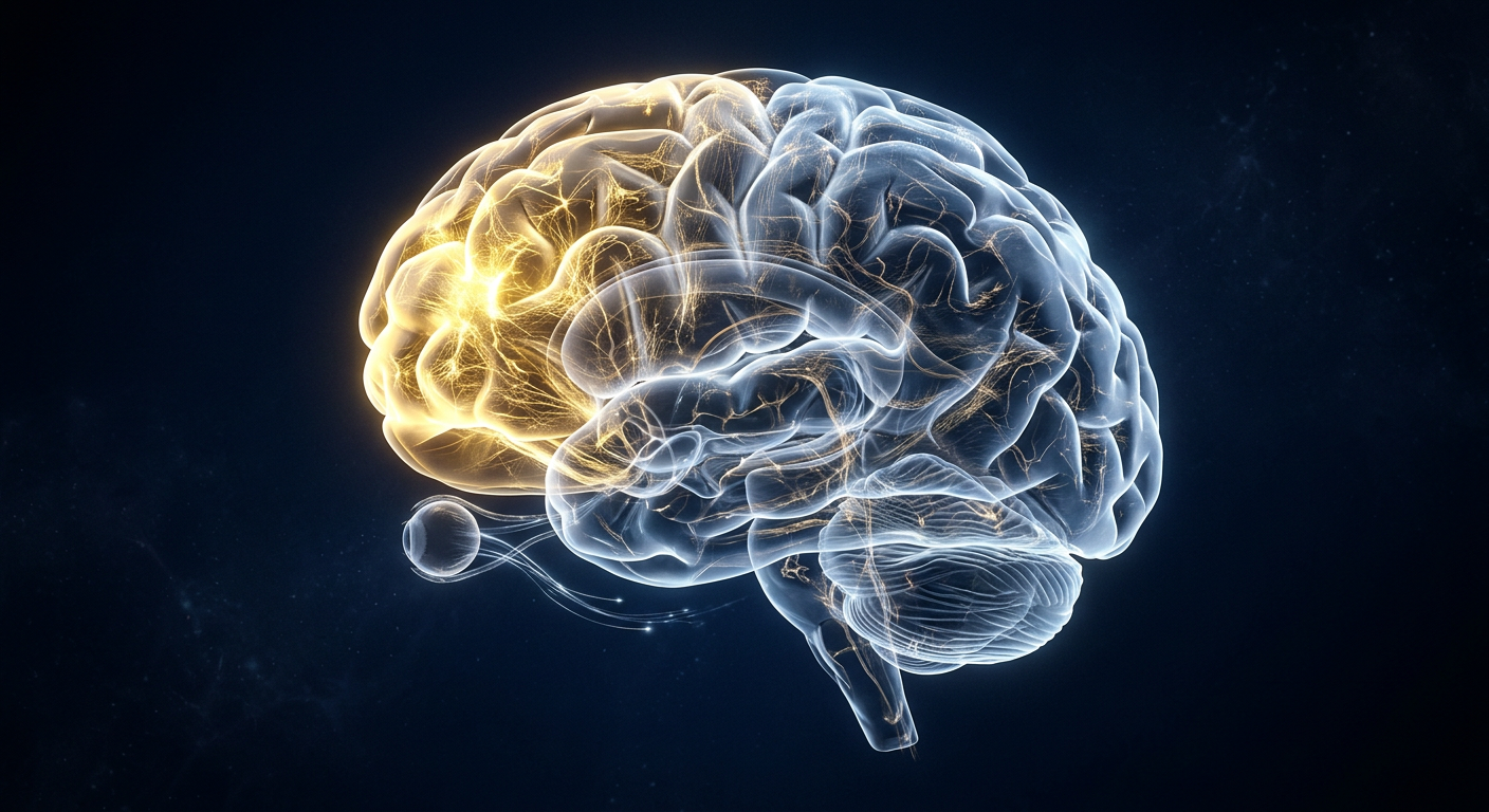 Translucent illustration of a brain in REM with the prefrontal cortex lit.