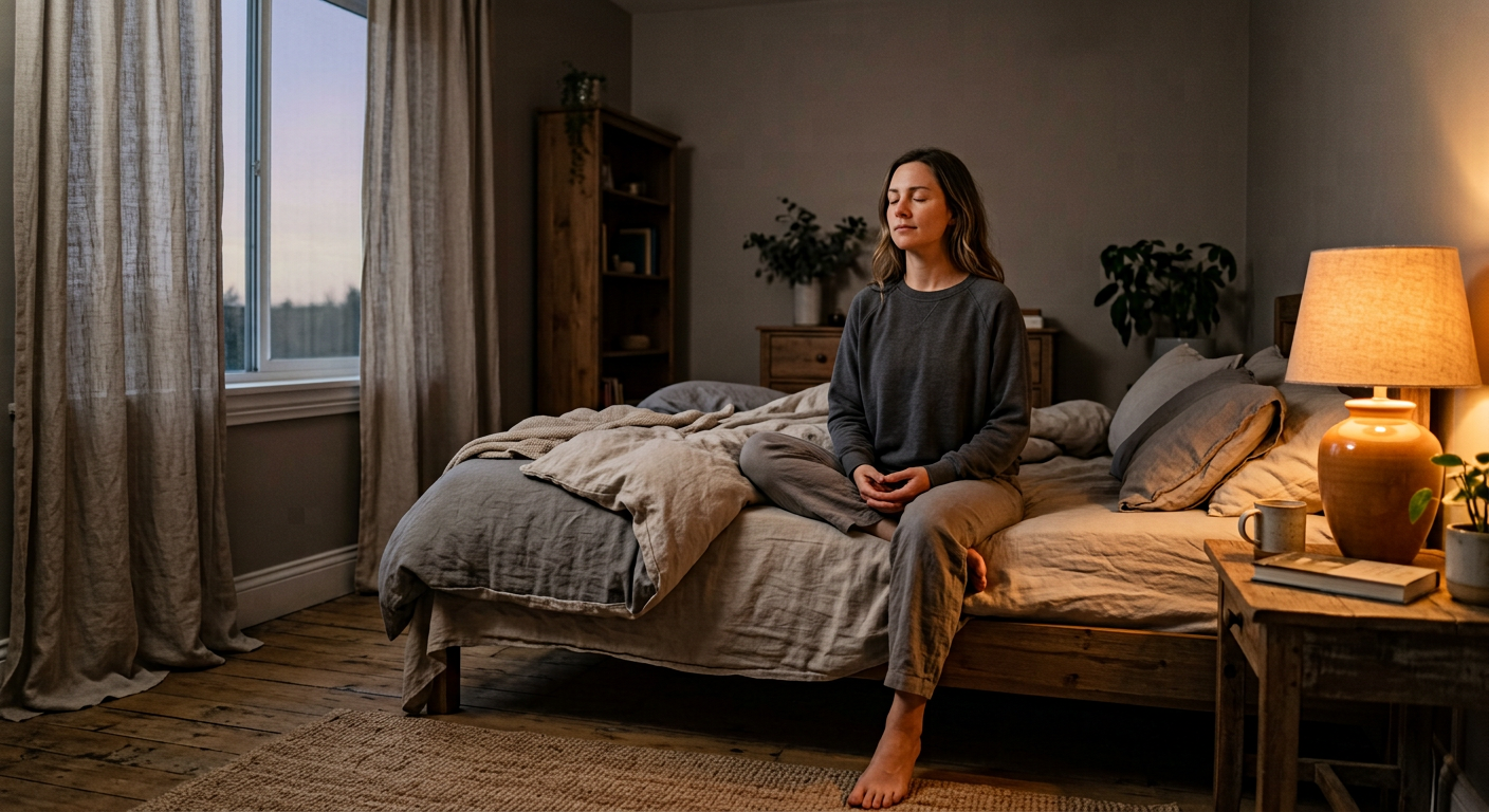 Person sitting mindfully on the edge of a bed at dusk.