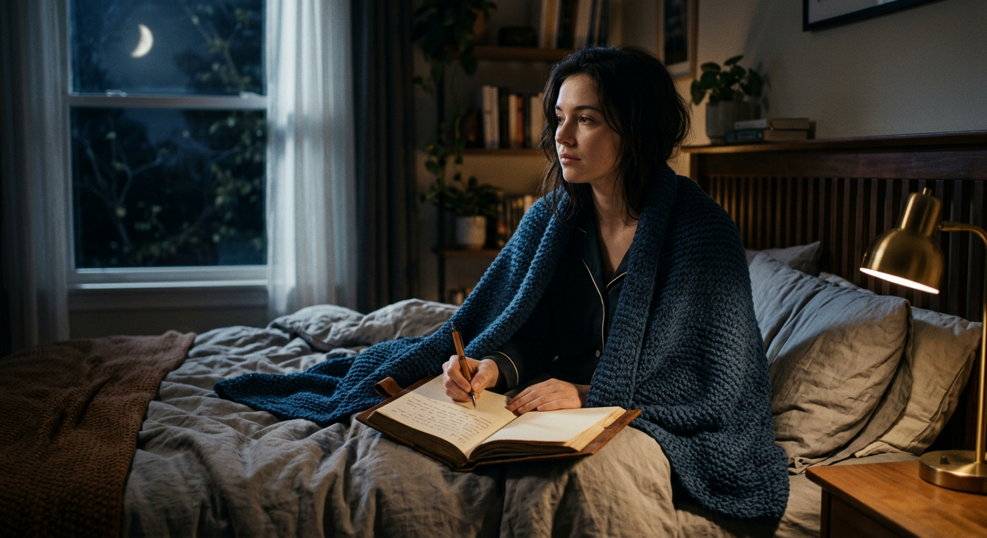A person sitting up in bed after a hard dream, reaching for a journal.