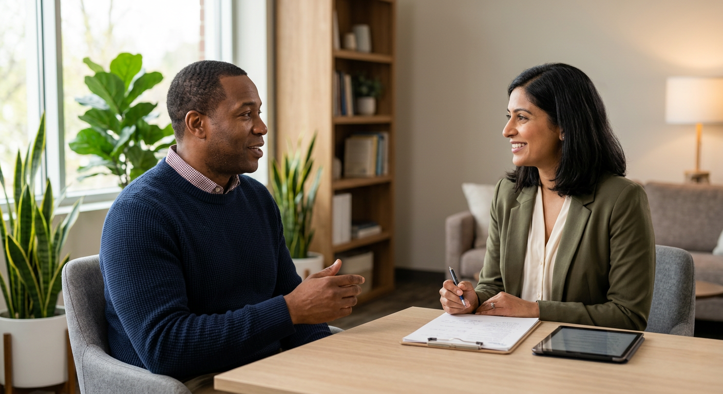 A patient speaking with a clinician in a calm, plant-filled consulting room.