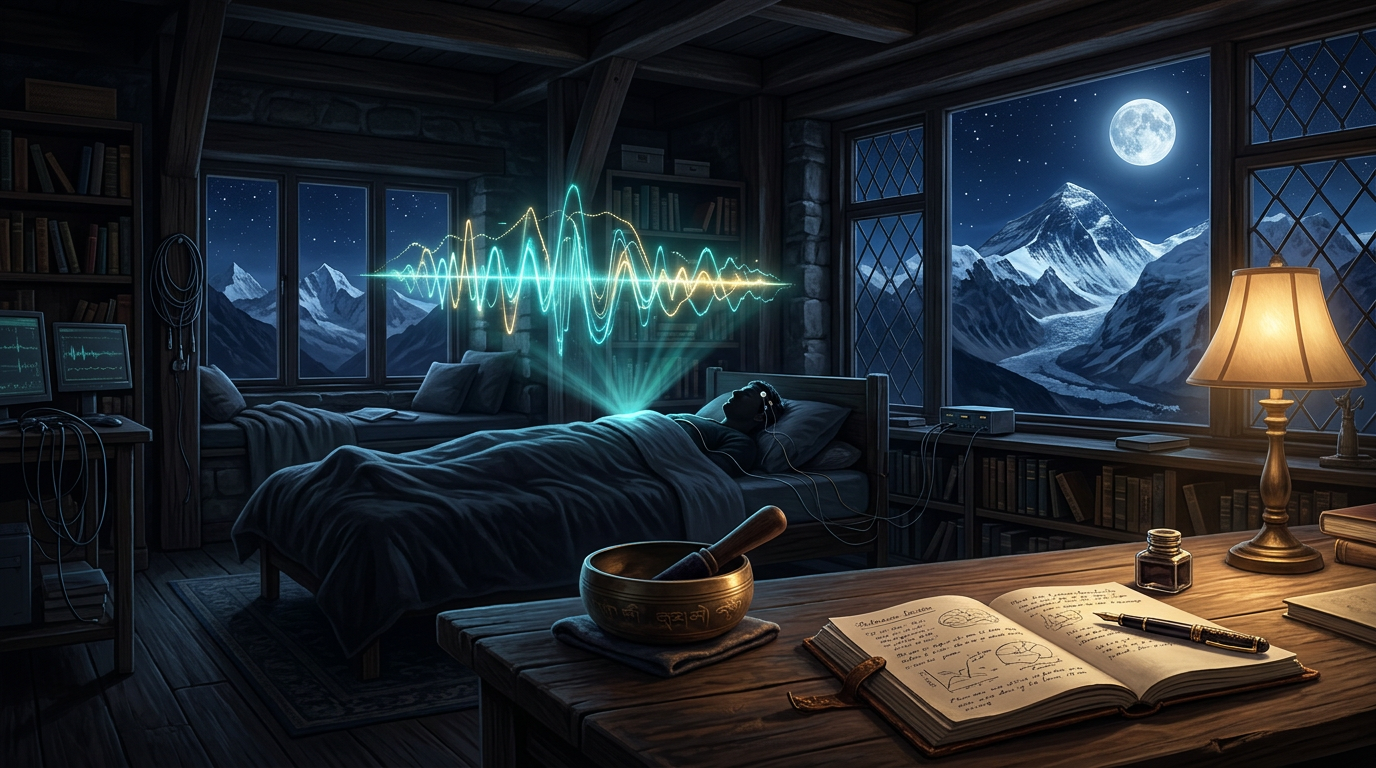 A night research desk overlooking moonlit mountains, with a soft EEG waveform hovering above an open notebook.