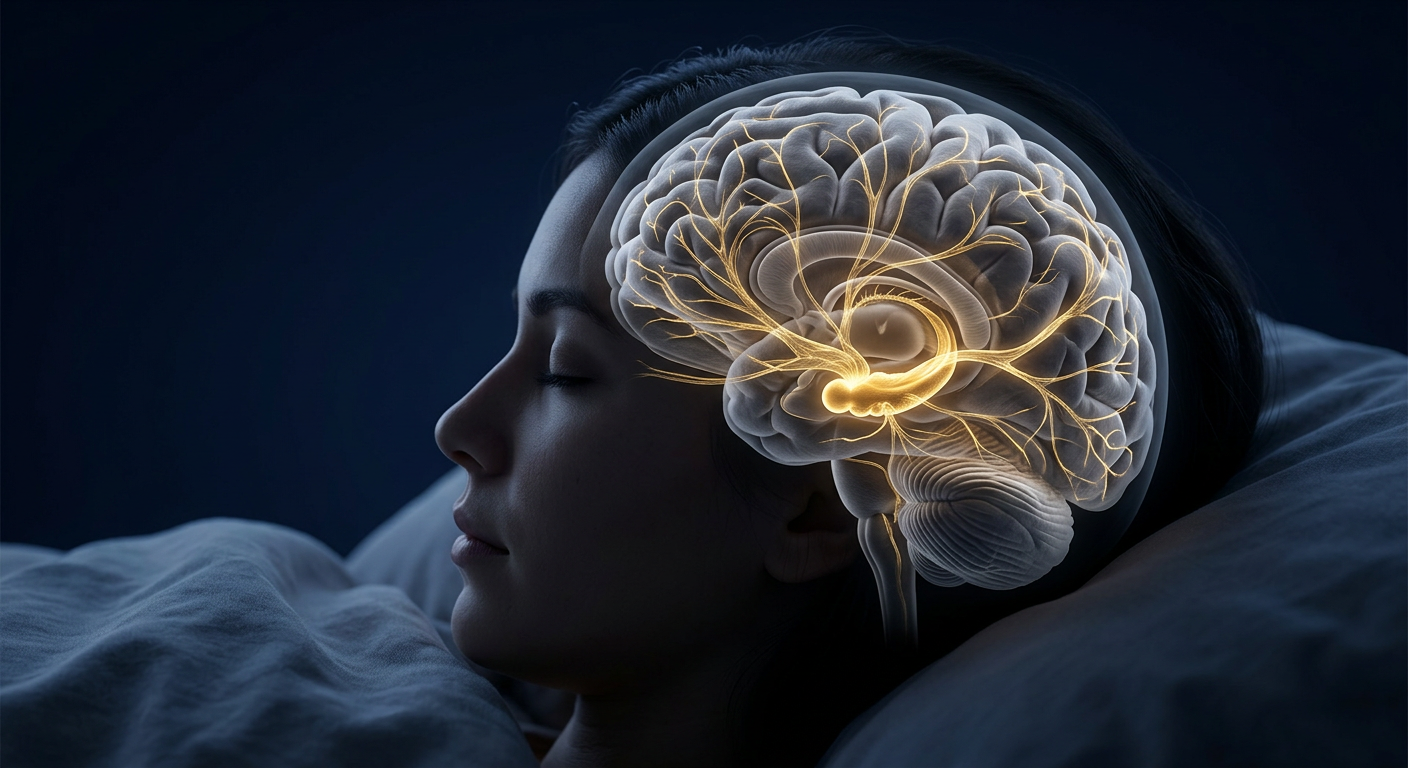 Scientific illustration of memory traces moving through a sleeping brain.