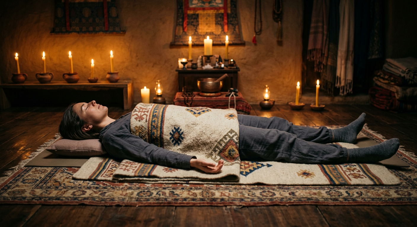 A person lying in savasana for Yoga Nidra in a dim, warm room.